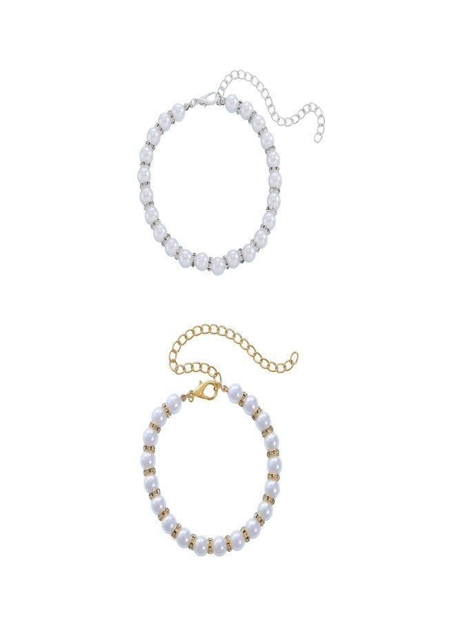 Campsis 2 Pack Rhinestone Cat Necklace Collar Pearl Cat Collars with Extension Chain Kitten Necklace Collar for Girl Cats (M=9.8-12.6inch) - Image 1